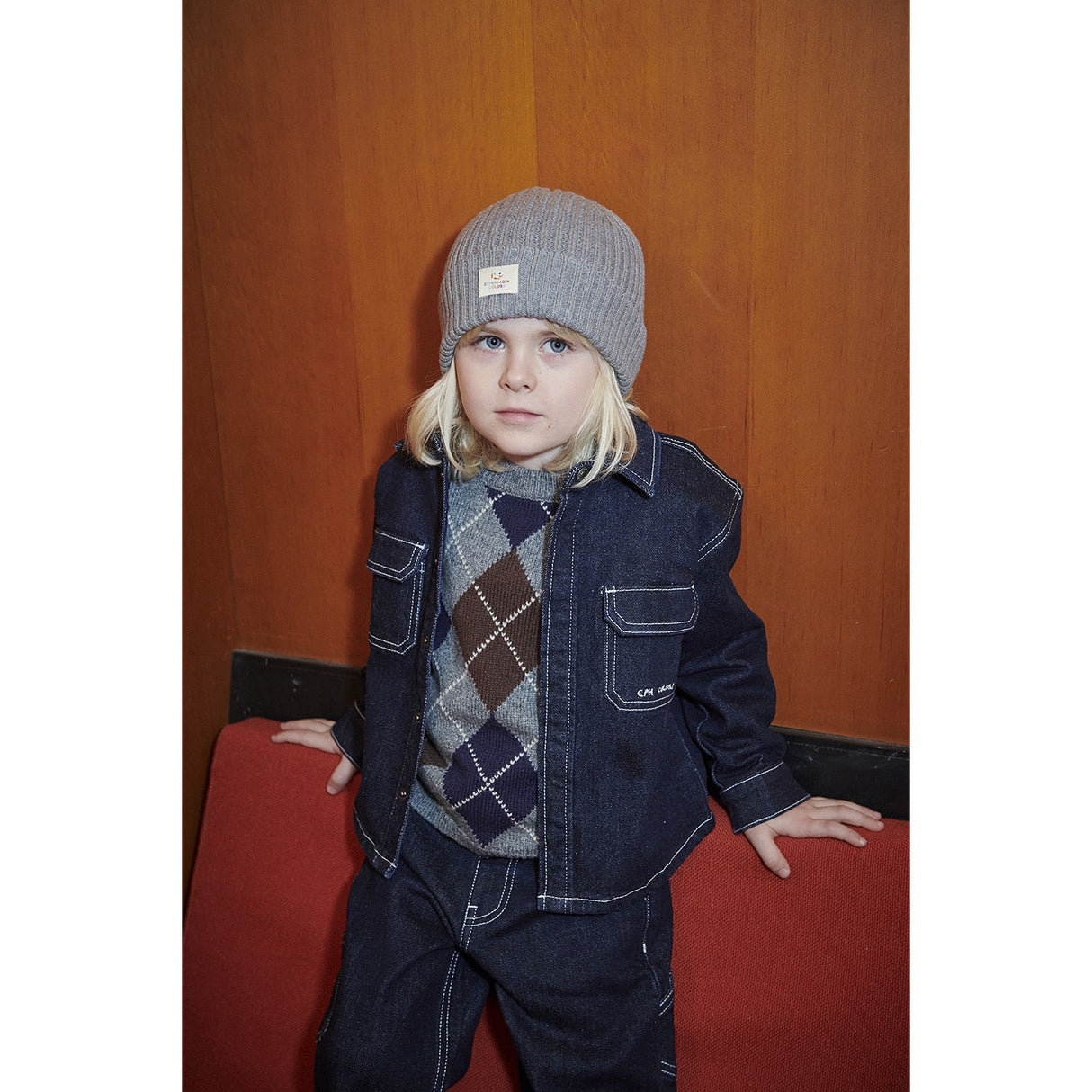 COPENHAGEN COLORS Grey Mel./Dk. Brown/Navy Comb. Argyle Knitted Pullover