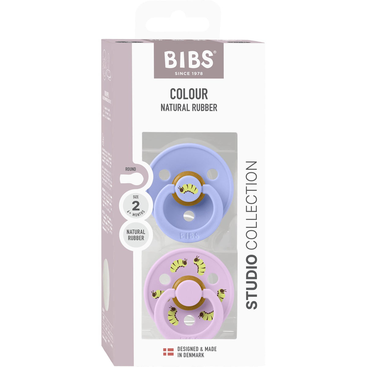Bibs Hush / Violet Sky Studio Colour Pacifier Caterpillar Mix 2 Pack Latex Round