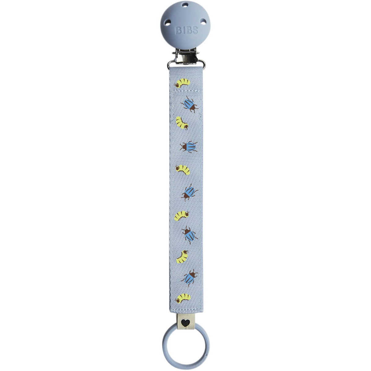 Bibs Dusty Blue Studio Pacifier Clip Ribbon Caterpillar Beetle Mix