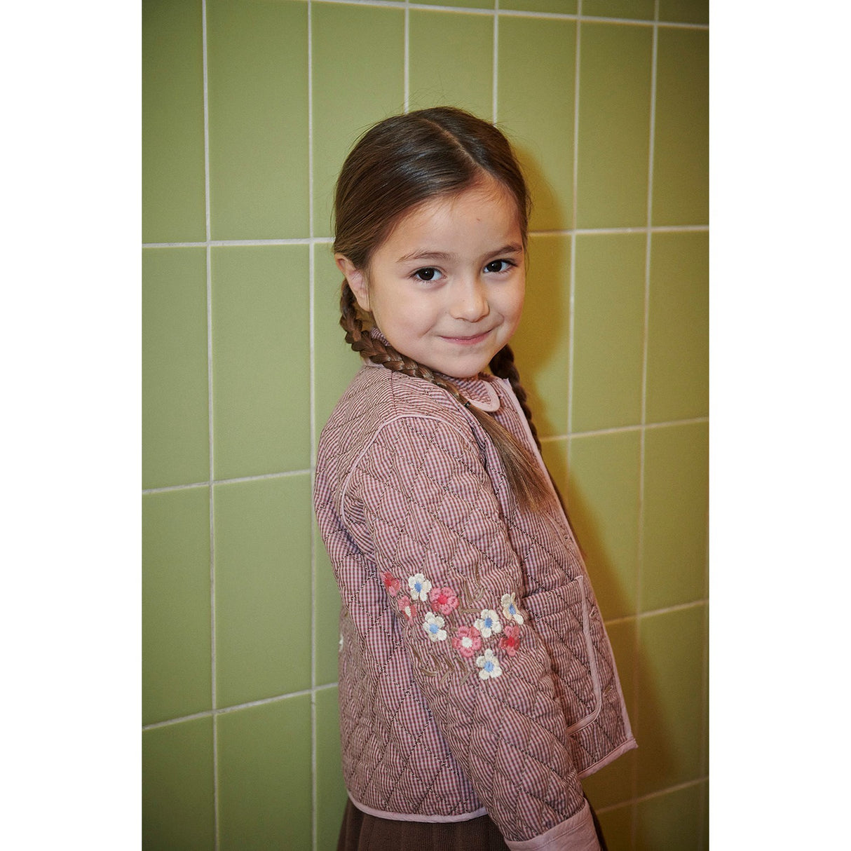 COPENHAGEN COLORS Winter Rose Check Comb. Checkered Quilted Jacket W. Embroidery