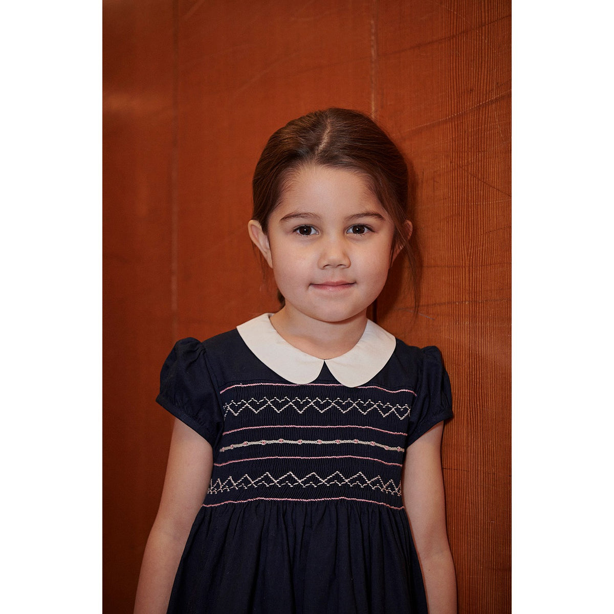 COPENHAGEN COLORS Navy Comb. Dress W. Handmade Smock Embroidery