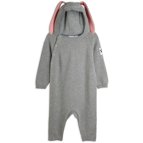 Mini Rodini Grey Melange Rabbit Ear Fine Knit Baby Jumpsuit