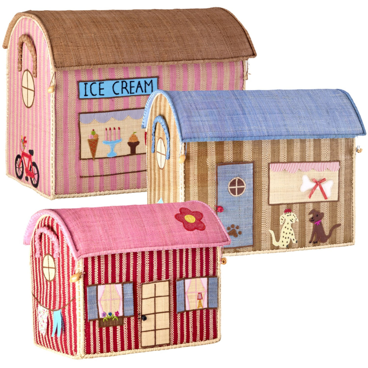 Rice Multicolor Paris Theme Raffia Toy Baskets 3-Pack