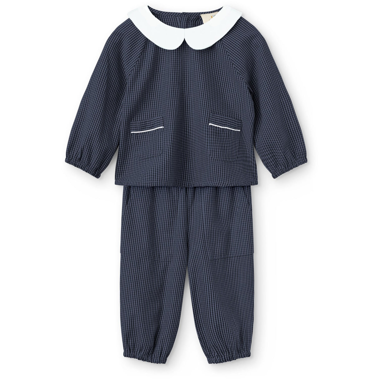 COPENHAGEN COLORS Brown Blue Check Comb. Checkered Baby Set W. Blouse W. Collar & Pants
