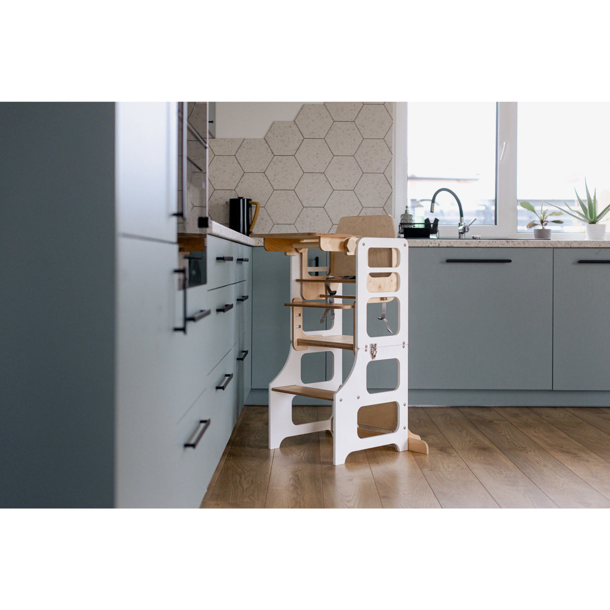 Duck Woodworks White Foldable EC Kitchen Tower With High Chair Addon Set