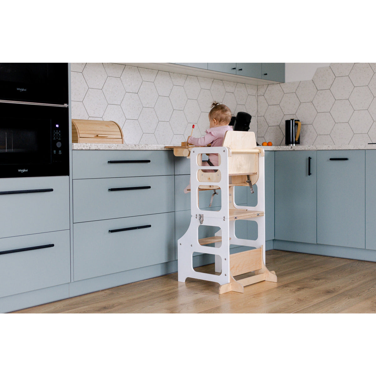 Duck Woodworks White Foldable EC Kitchen Tower With High Chair Addon Set