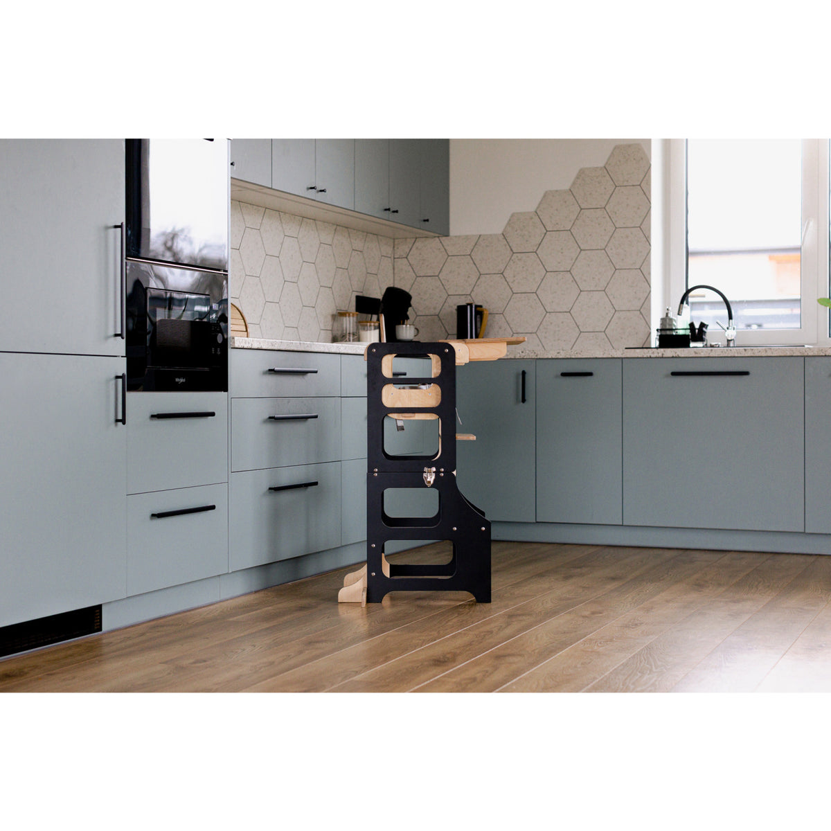 Duck Woodworks Black Foldable EC Kitchen Tower With High Chair Addon Set