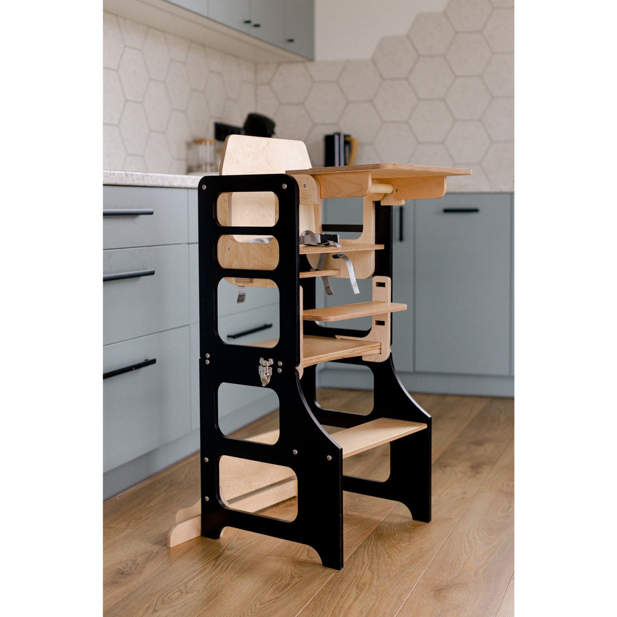 Duck Woodworks Black Foldable EC Kitchen Tower With High Chair Addon Set