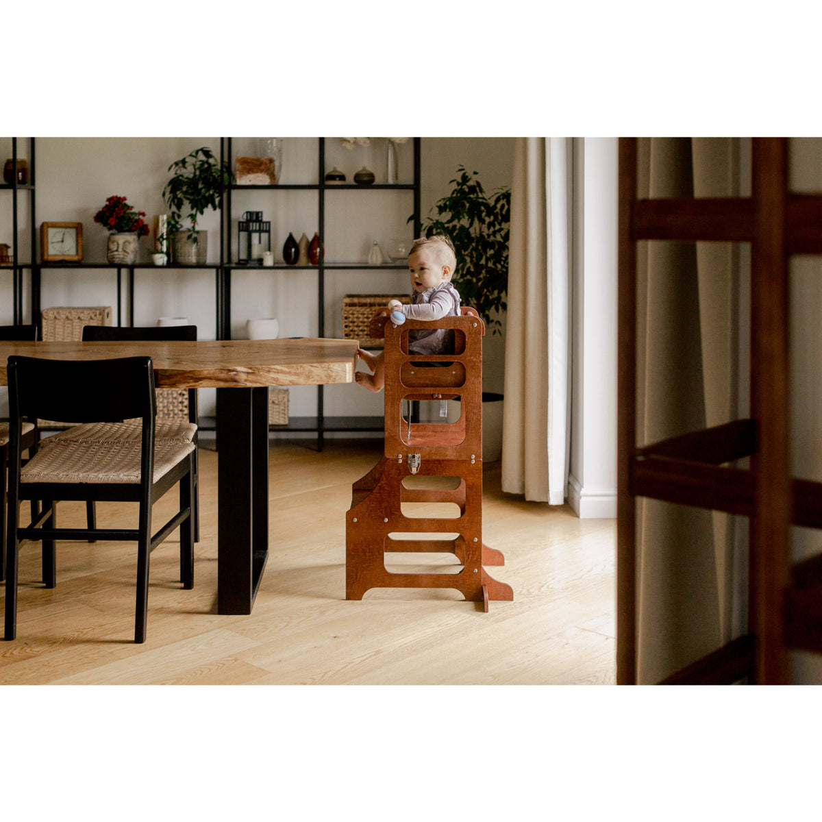 Duck Woodworks Honey Glaze Foldable Kitchen Tower Stained With High Chair Addon Set