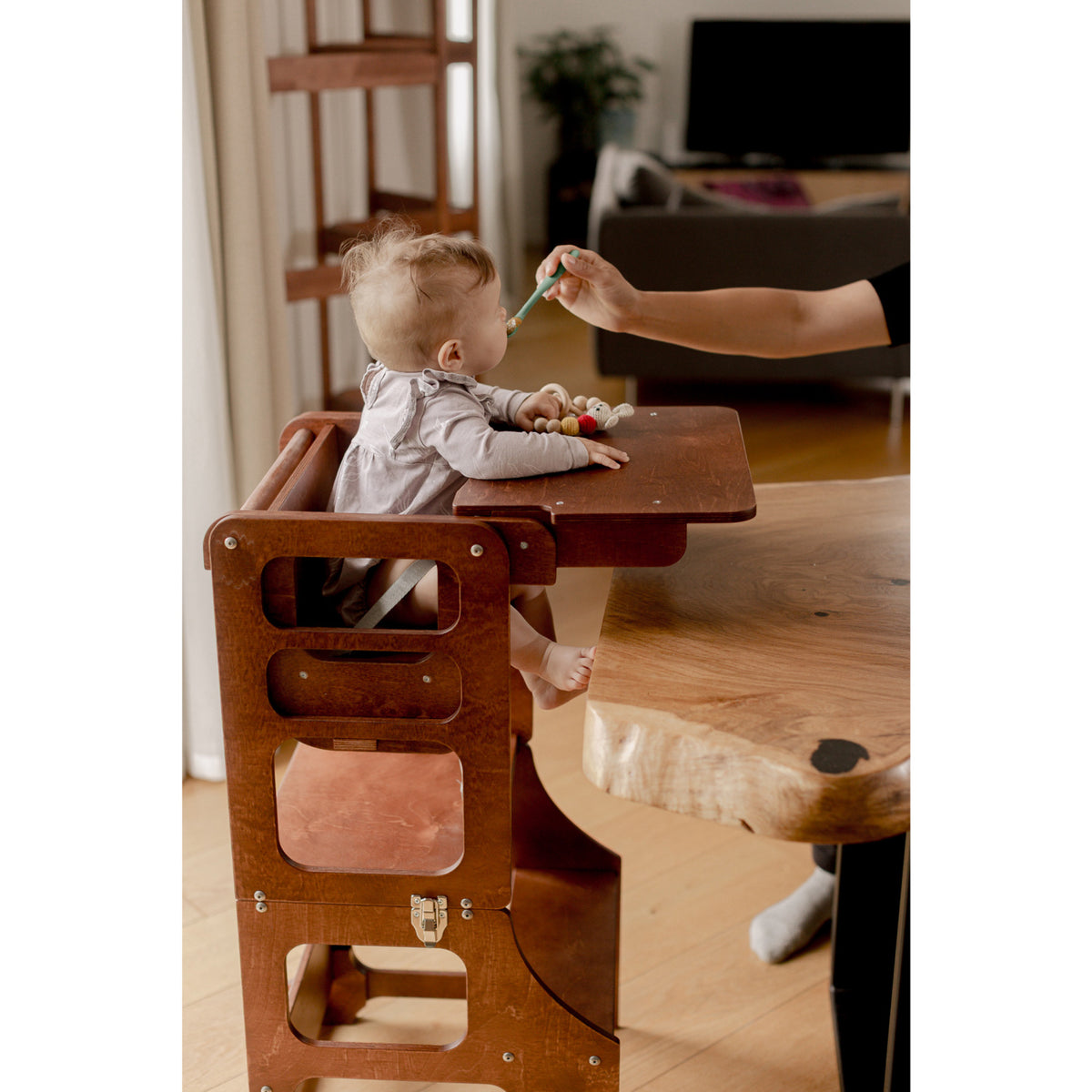 Duck Woodworks Honey Glaze Foldable Kitchen Tower Stained With High Chair Addon Set