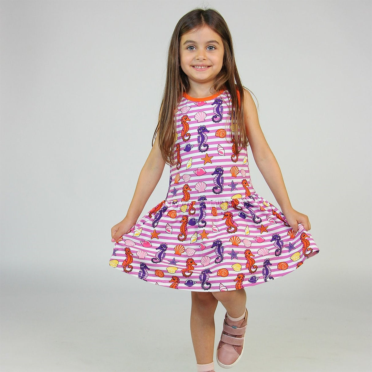 Småfolk Spring Pink Sleeveless Dress With Seahorses 2