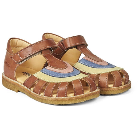 Angulus Sandal W. Rainbow And Velcro Cognac/Yellow/Blue/Peach