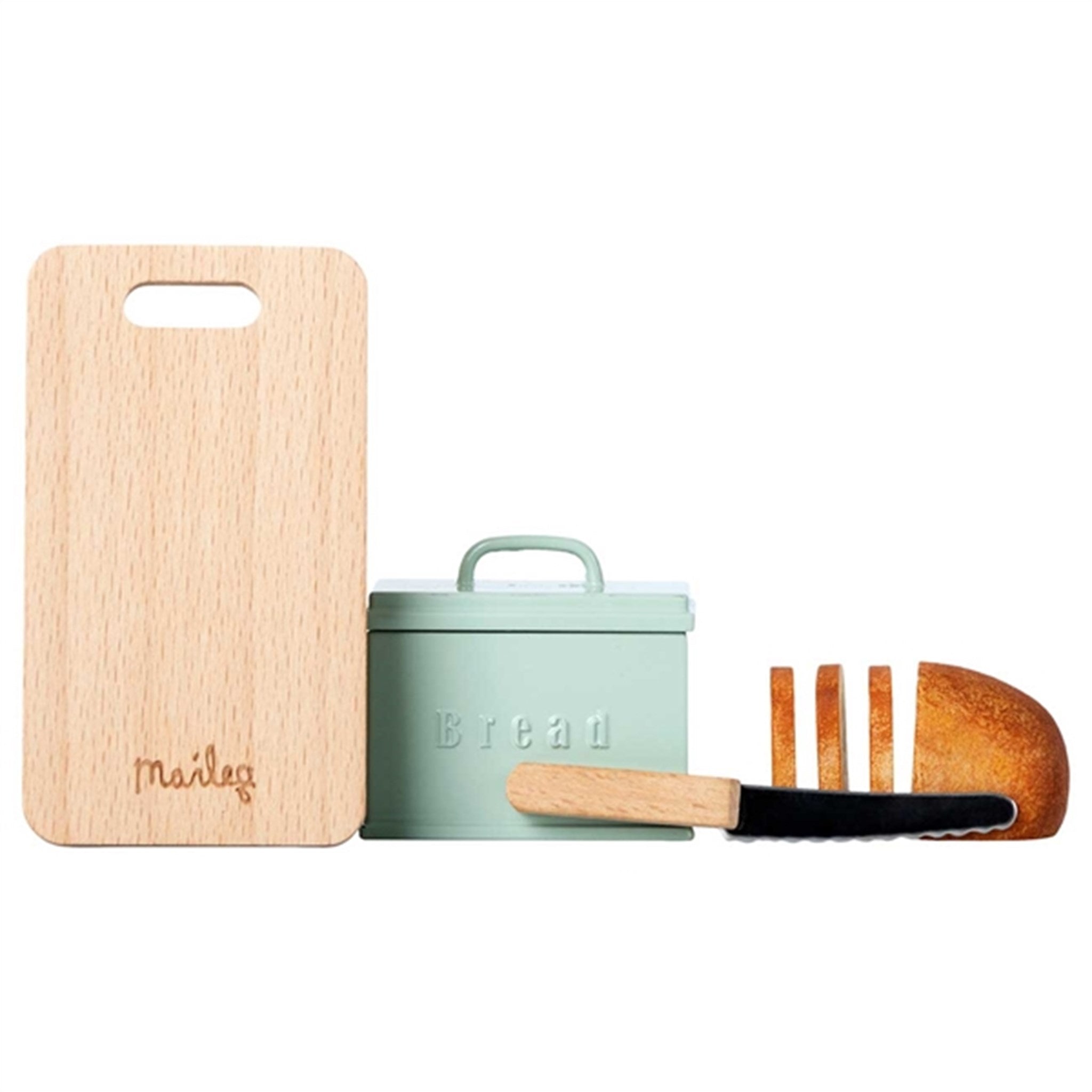 Maileg Miniature Bread Box w. Cutting Board and Knife Mint