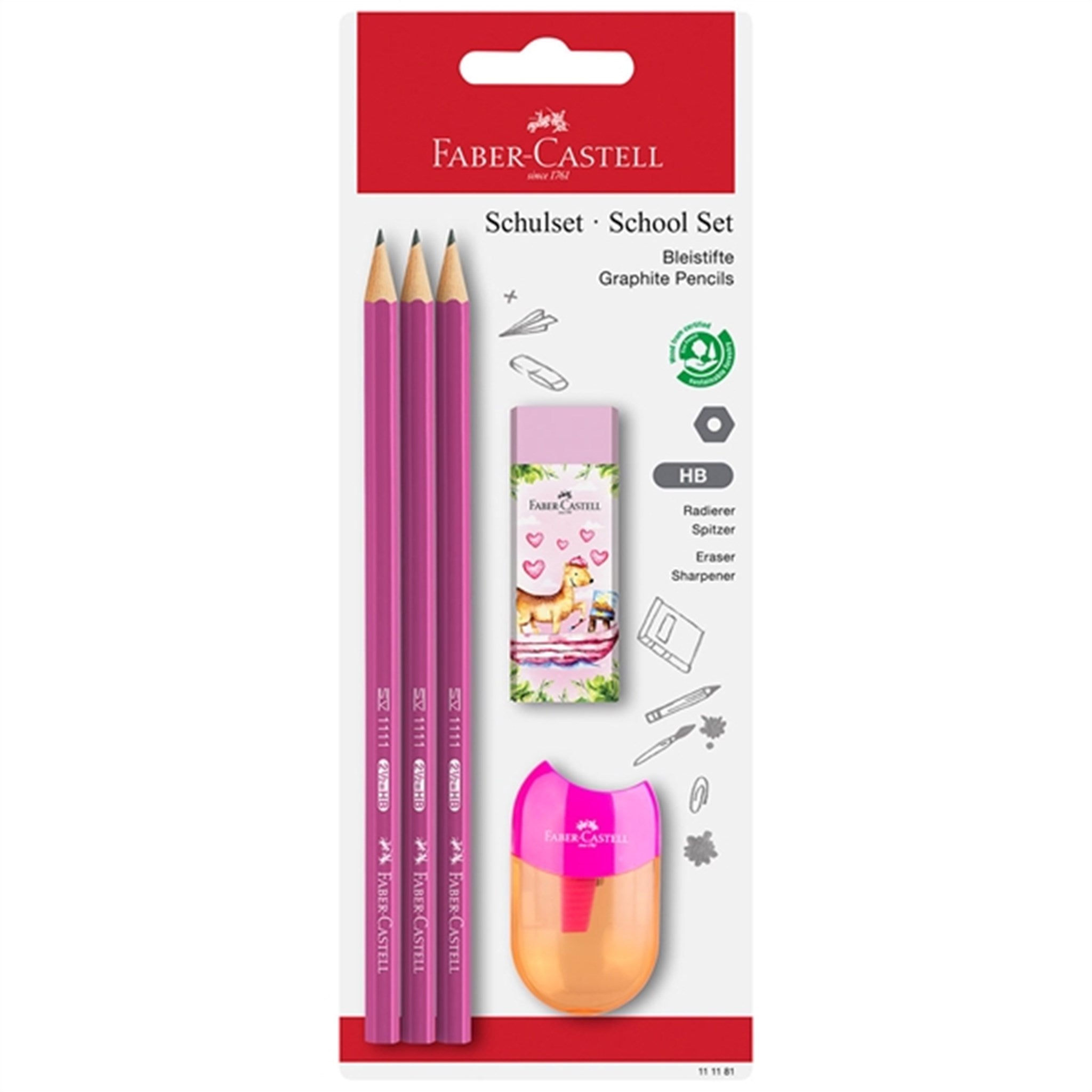 Faber-Castell 3 Pencils, 1 Sharpener, Eraser Pink