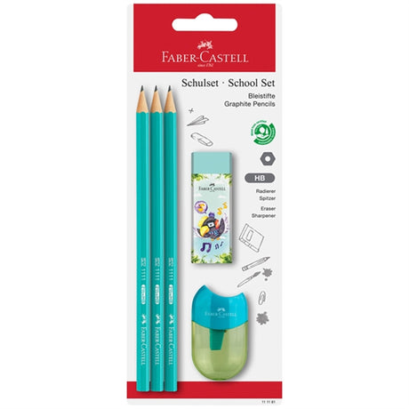 Faber-Castell 3 Pencils, 1 Sharpener, Eraser Turquoise