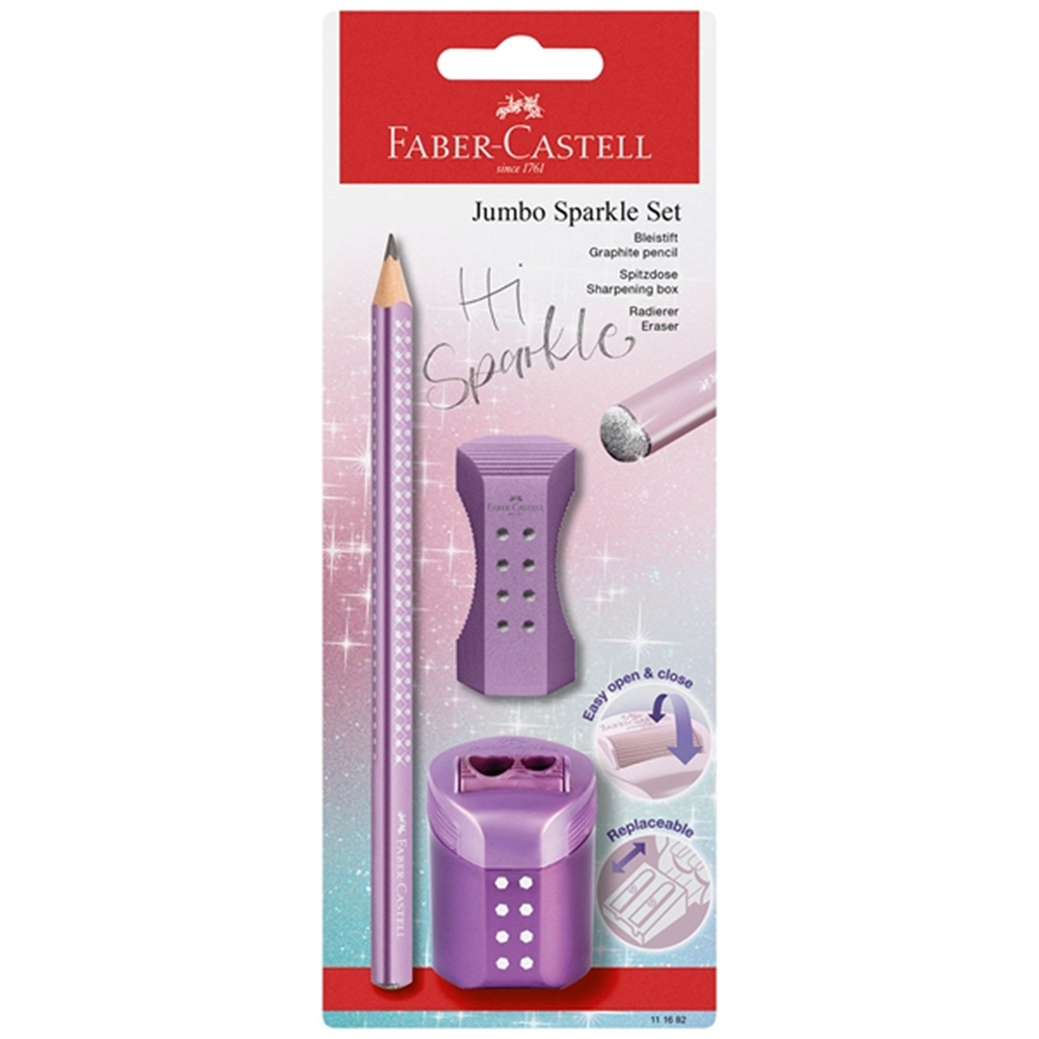 Faber-Castell Sparkle Jumbo Pencil, Eraser, Pencil Sharpener - Purple