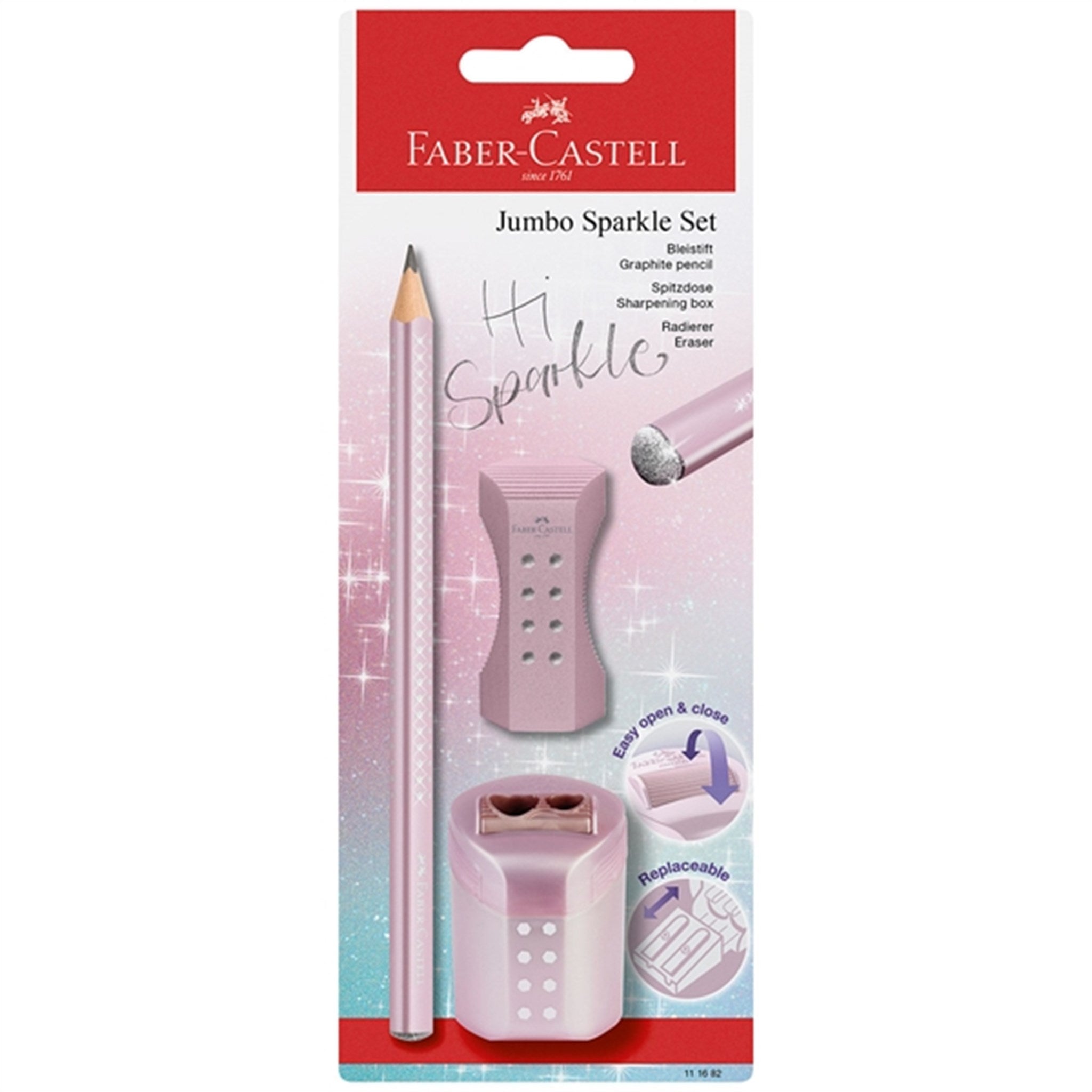 Faber-Castell Sparkle Jumbo Pencil, Eraser, Pencil Sharpener - Rosa