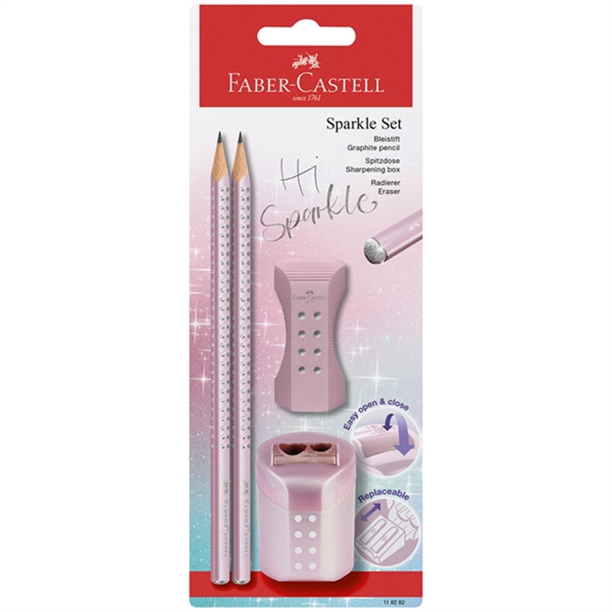 Faber-Castell Sparkle 2 Pencils, Eraser, Pencil Sharpener - Rosa