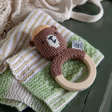 Sebra Rattle on Wooden Ring Bear Brown