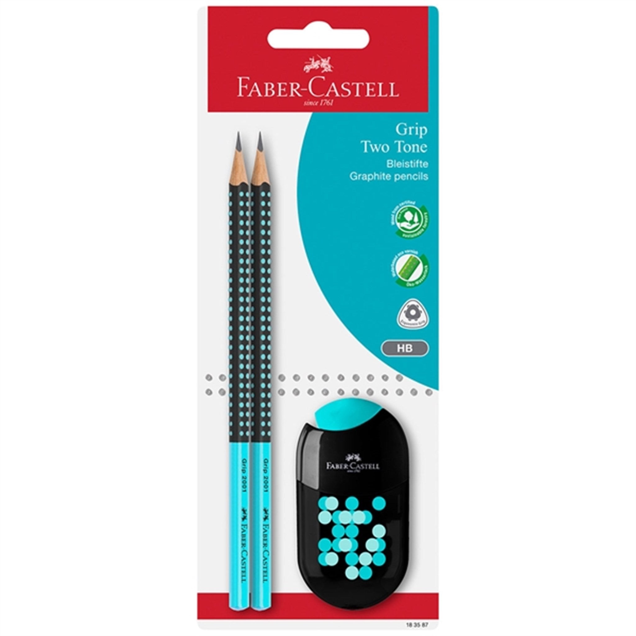 Faber-Castell Grip 2001 Two Tone Pencil, Pencil Sharpener - Turquoise