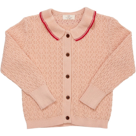 Copenhagen Colors Dusty Rose/Red Comb. Pointelle Cable Knit Cardigan w. Collar